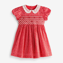 Load image into Gallery viewer, Red Ditsy Printed Lace Collar Shirred Cotton Dress (3mths-7yrs)