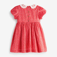 Load image into Gallery viewer, Red Ditsy Printed Lace Collar Shirred Cotton Dress (3mths-7yrs)