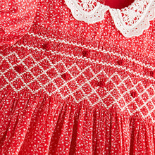 Load image into Gallery viewer, Red Ditsy Printed Lace Collar Shirred Cotton Dress (3mths-7yrs)
