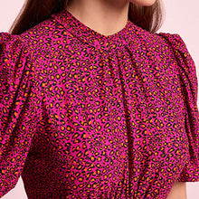 Load image into Gallery viewer, Pink Animal Short Puff Sleeve Midi Day Dress