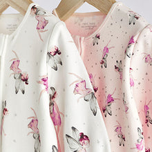 Load image into Gallery viewer, Cream/Pink Fairy 2 Pack Zip Baby Sleepsuits (0-18mths)