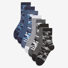Load image into Gallery viewer, Blue Camouflage/Stripes 7 Pack Cotton Rich Socks (Older Boys)