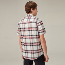 Load image into Gallery viewer, Ecru White/Navy Blue Stretch Oxford Check Short Sleeve Shirt