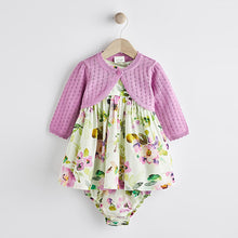 Load image into Gallery viewer, Lilac Purple Floral Baby Woven Prom Dress and Cardigan (0mths-18mths)