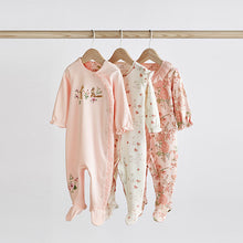 Load image into Gallery viewer, Pale Pink Bunny Floral Baby Sleepsuits 3 Pack (0mth-18mths)
