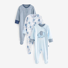 Load image into Gallery viewer, Pale Blue Elephant Baby Sleepsuits 3 Pack (0-18mths)