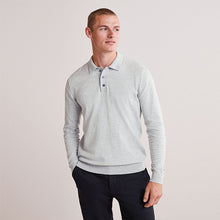 Load image into Gallery viewer, Light Grey Regular Knitted Long Sleeve Polo Shirt