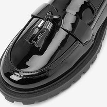 Load image into Gallery viewer, Black Patent Forever Comfort® Tassel Detail Cleated Chunky Loafer Shoes