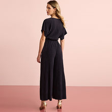 Load image into Gallery viewer, Black Short Sleeve Plissé Jumpsuit