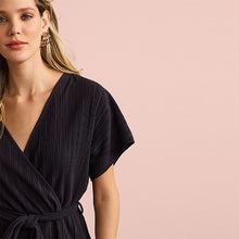 Load image into Gallery viewer, Black Short Sleeve Plissé Jumpsuit