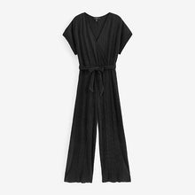 Load image into Gallery viewer, Black Short Sleeve Plissé Jumpsuit