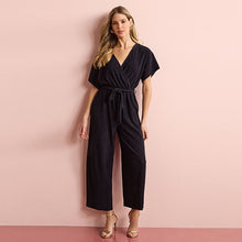 Load image into Gallery viewer, Black Short Sleeve Plissé Jumpsuit