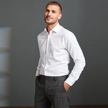 Load image into Gallery viewer, White Slim Fit Signature Premium 100% Cotton Textured Long Sleeve Single Cuff Shirt With Trim Detail