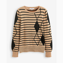 Load image into Gallery viewer, Camel Brown / Black Argyle Stripe Crew Neck Jumper