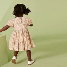 Load image into Gallery viewer, Pink Ditsy Sparkle Printed Lace Collar Shirred Cotton Dress (3mths-6yrs)