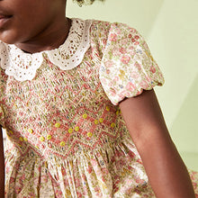 Load image into Gallery viewer, Pink Ditsy Sparkle Printed Lace Collar Shirred Cotton Dress (3mths-6yrs)