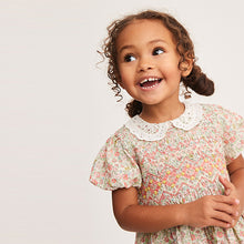 Load image into Gallery viewer, Pink Ditsy Sparkle Printed Lace Collar Shirred Cotton Dress (3mths-6yrs)