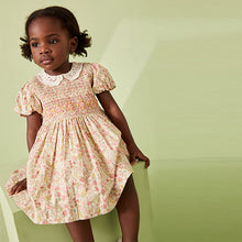 Load image into Gallery viewer, Pink Ditsy Sparkle Printed Lace Collar Shirred Cotton Dress (3mths-6yrs)