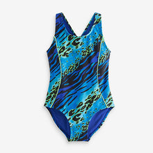 Load image into Gallery viewer, Blue/Green Animal Print Sports Cross-Back Swimsuit (3-12yrs)