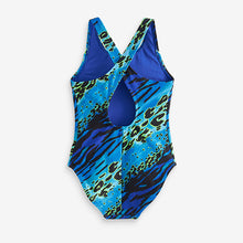 Load image into Gallery viewer, Blue/Green Animal Print Sports Cross-Back Swimsuit (3-12yrs)