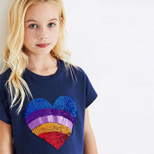 Load image into Gallery viewer, Navy Blue Rainbow Heart Short Sleeve Sequin T-Shirt (3-12yrs)