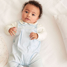 Load image into Gallery viewer, Pale Blue Smart Woven Baby 2 Piece Dungarees With Collared Bodysuit (0mths-18mths)