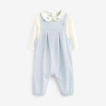 Load image into Gallery viewer, Pale Blue Smart Woven Baby 2 Piece Dungarees With Collared Bodysuit (0mths-18mths)