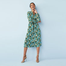 Load image into Gallery viewer, Green Floral Zip Neck Tie Waist Midi Dress