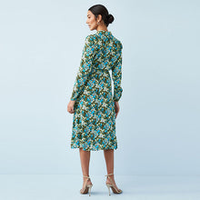 Load image into Gallery viewer, Green Floral Zip Neck Tie Waist Midi Dress