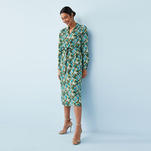 Load image into Gallery viewer, Green Floral Zip Neck Tie Waist Midi Dress