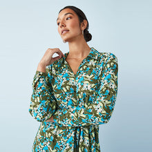 Load image into Gallery viewer, Green Floral Zip Neck Tie Waist Midi Dress