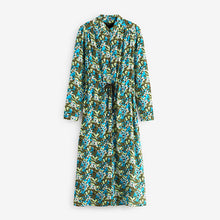 Load image into Gallery viewer, Green Floral Zip Neck Tie Waist Midi Dress