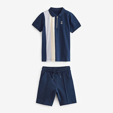 Load image into Gallery viewer, Navy Blue Short Sleeve Colourblock Zip Neck Polo And Short Set (3-12yrs)