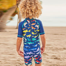 Load image into Gallery viewer, Multi Shark Sunsafe All-In-One Swimsuit (3mths-5yrs)