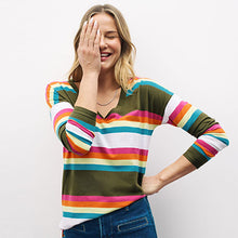 Load image into Gallery viewer, Khaki Green and Multi Bright Stripe Long Sleeve V-Neck Tunic