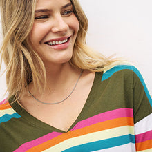 Load image into Gallery viewer, Khaki Green and Multi Bright Stripe Long Sleeve V-Neck Tunic