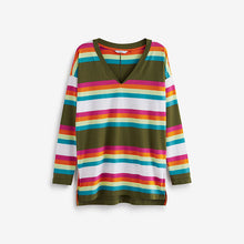 Load image into Gallery viewer, Khaki Green and Multi Bright Stripe Long Sleeve V-Neck Tunic