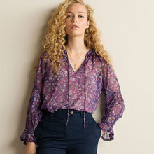 Load image into Gallery viewer, Purple Floral Long Sleeve V-Neck Sheer Blouse with Lace Trim Detail