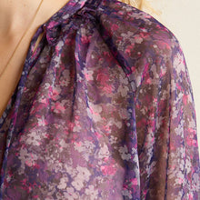 Load image into Gallery viewer, Purple Floral Long Sleeve V-Neck Sheer Blouse with Lace Trim Detail