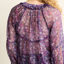 Load image into Gallery viewer, Purple Floral Long Sleeve V-Neck Sheer Blouse with Lace Trim Detail
