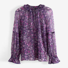 Load image into Gallery viewer, Purple Floral Long Sleeve V-Neck Sheer Blouse with Lace Trim Detail