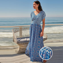 Load image into Gallery viewer, Blue Tile Print Shirred Waist V-Neck Sleeveless Maxi Dress