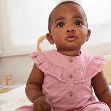 Load image into Gallery viewer, Pink Woven Yoke Frill Baby Jumpsuit (0mths-18mths)