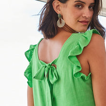 Load image into Gallery viewer, Green Ruffle Sleeve Tie Back Mini Dress With Linen