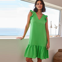 Load image into Gallery viewer, Green Ruffle Sleeve Tie Back Mini Dress With Linen