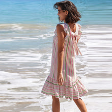 Load image into Gallery viewer, Ecru White Stripe Ruffle Sleeve Tie Back Mini Dress With Linen