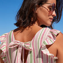Load image into Gallery viewer, Ecru White Stripe Ruffle Sleeve Tie Back Mini Dress With Linen