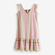 Load image into Gallery viewer, Ecru White Stripe Ruffle Sleeve Tie Back Mini Dress With Linen