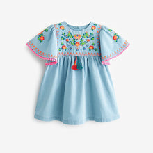 Load image into Gallery viewer, Blue Denim Embroidered Kaftan Dress (3mths-6yrs)