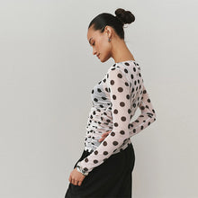 Load image into Gallery viewer, Ecru/Black Polka Dot Ruched Long Sleeved Mesh Top